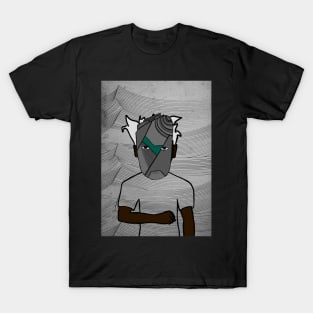 Simon - Dark Male Character with Crayon Mask and Waves Background T-Shirt